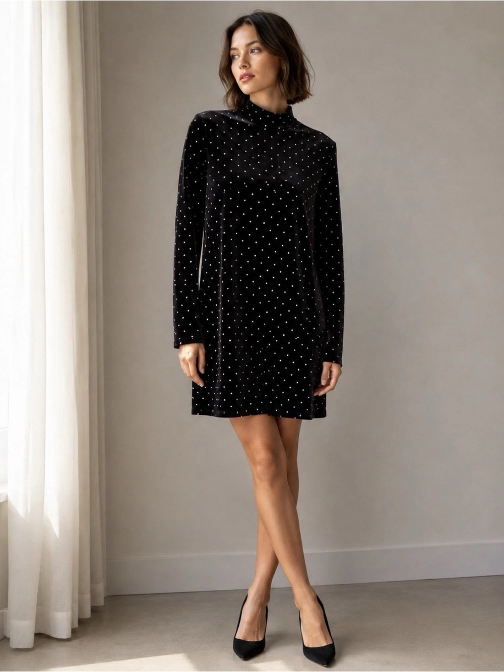 H&M Women’s Sz M Black Velvet Rhinestone Polka Dot Mock Neck Mini Dress
